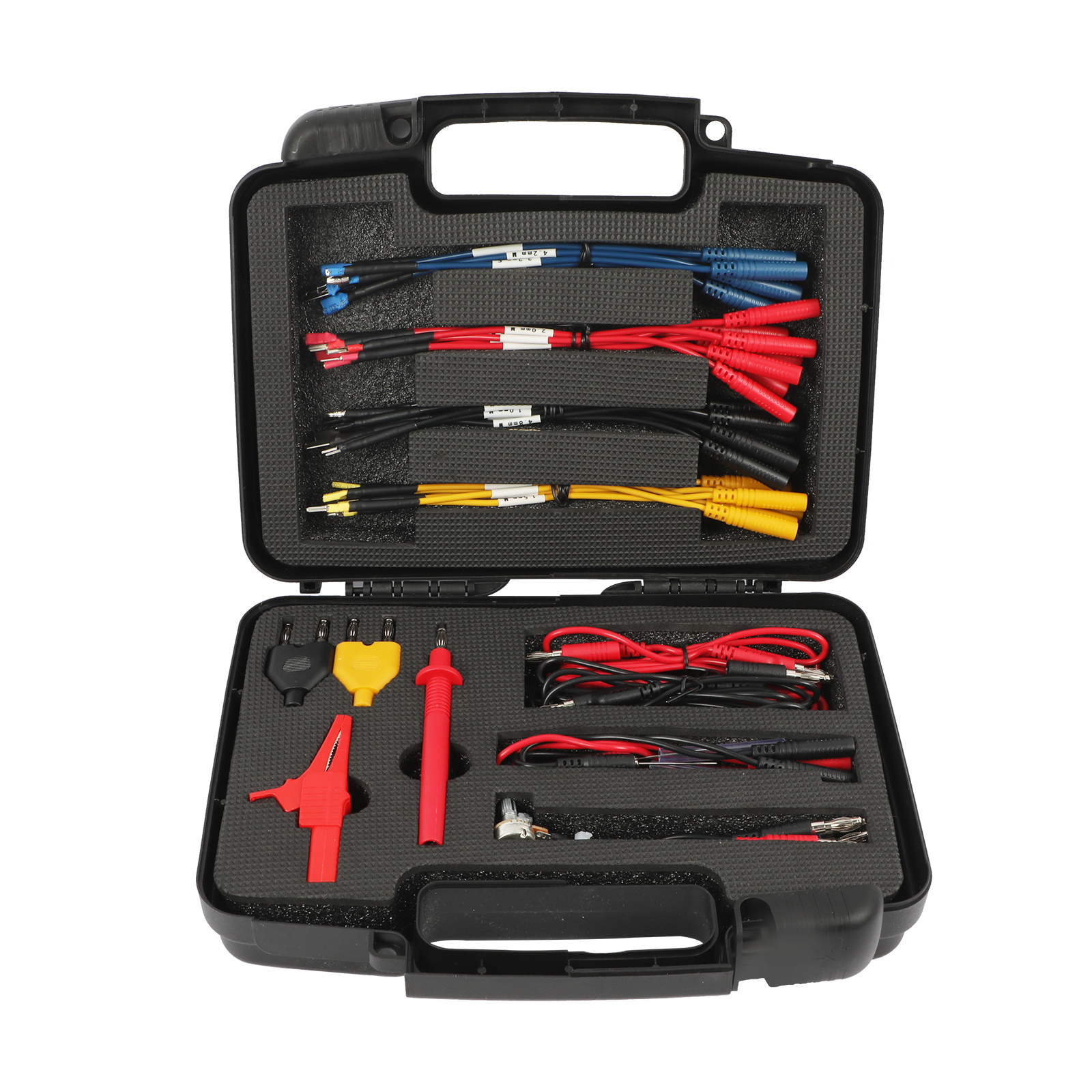 Open AUTOOL 48-piece automotive test lead carrying case with probes clips extensions and terminal jumpers organized inside.