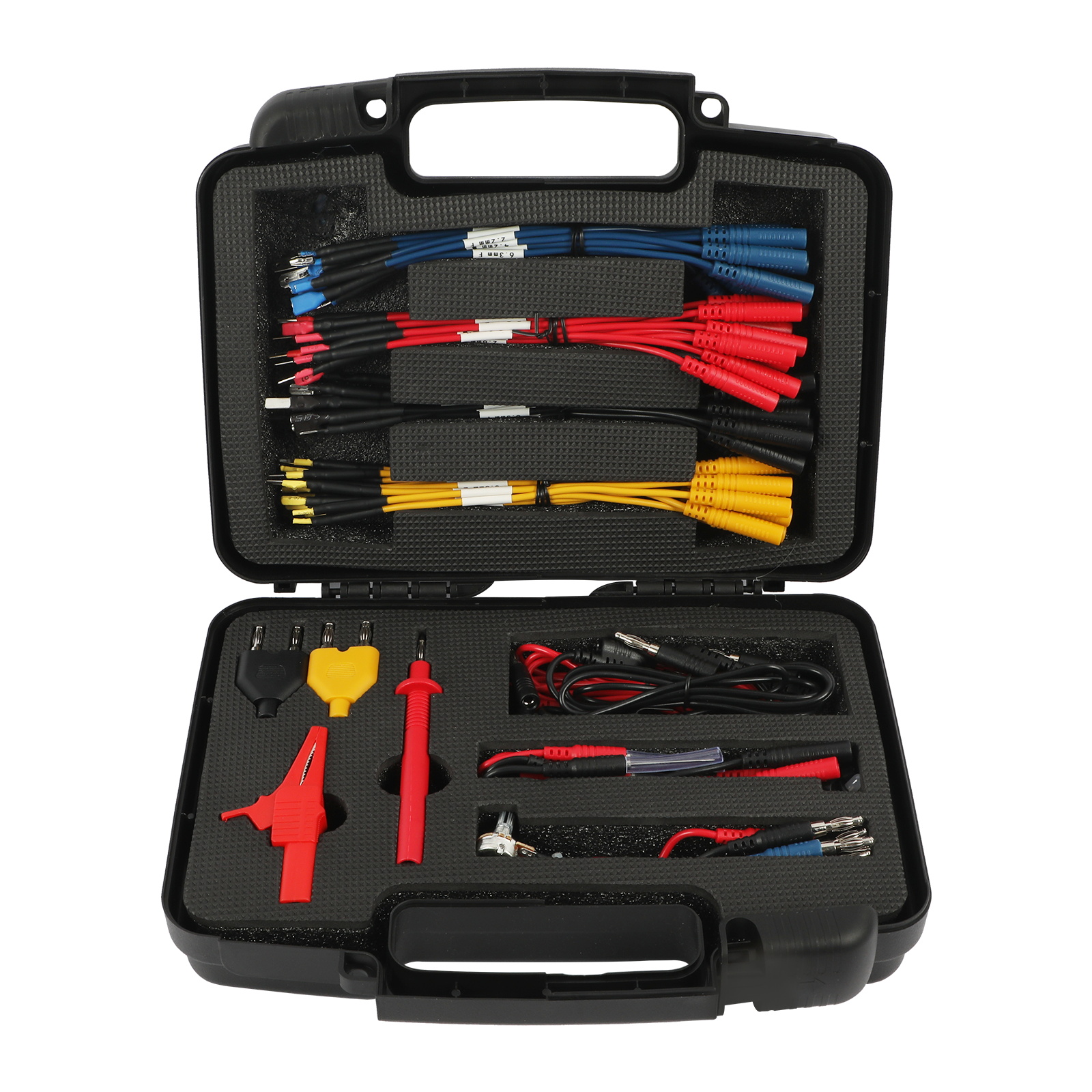 Open AUTOOL 68-piece automotive test lead case with color-coded terminal leads probes clips and adapters.
