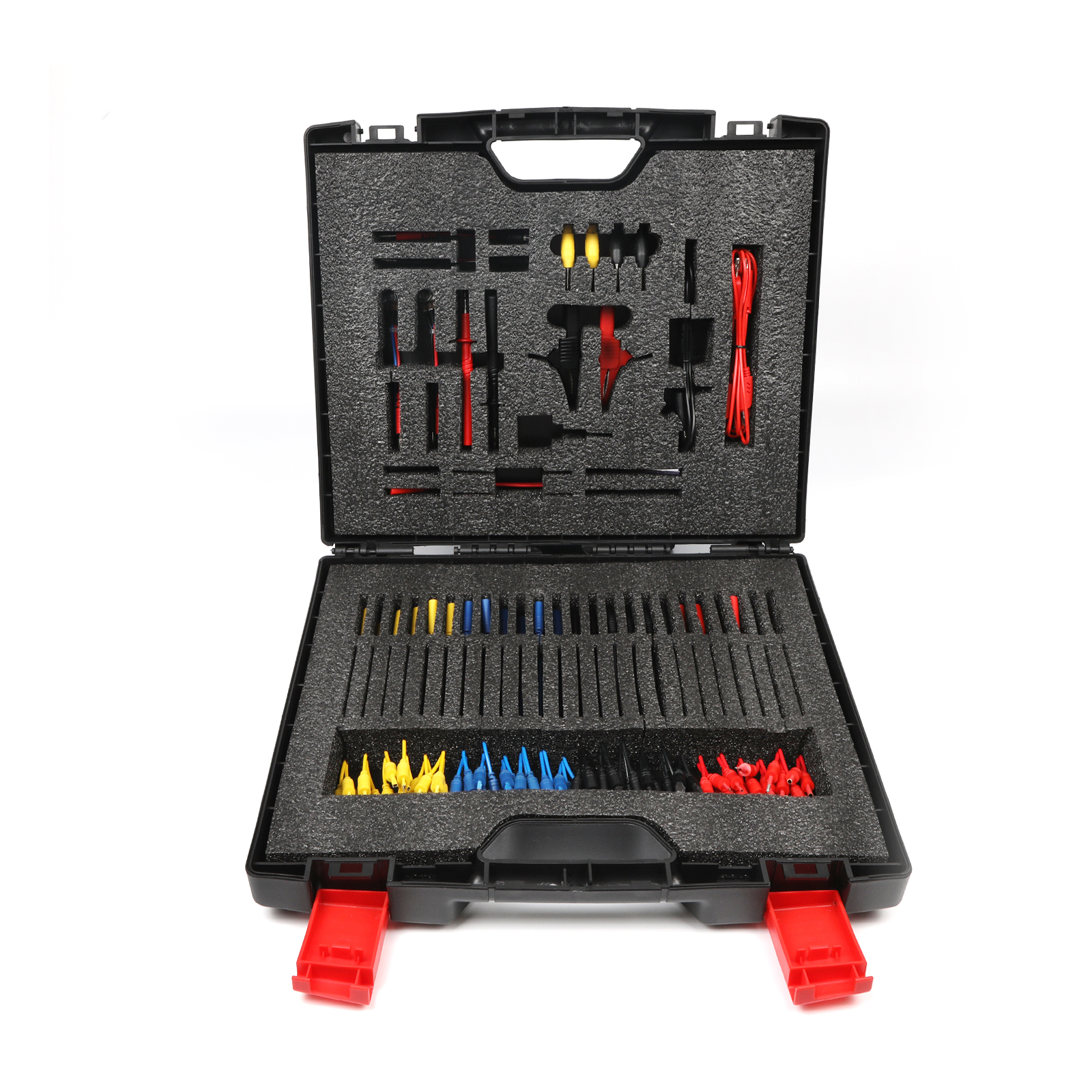 Open AUTOOL 92-piece automotive test lead case with four color-coded terminal lead groups and measurement accessories.