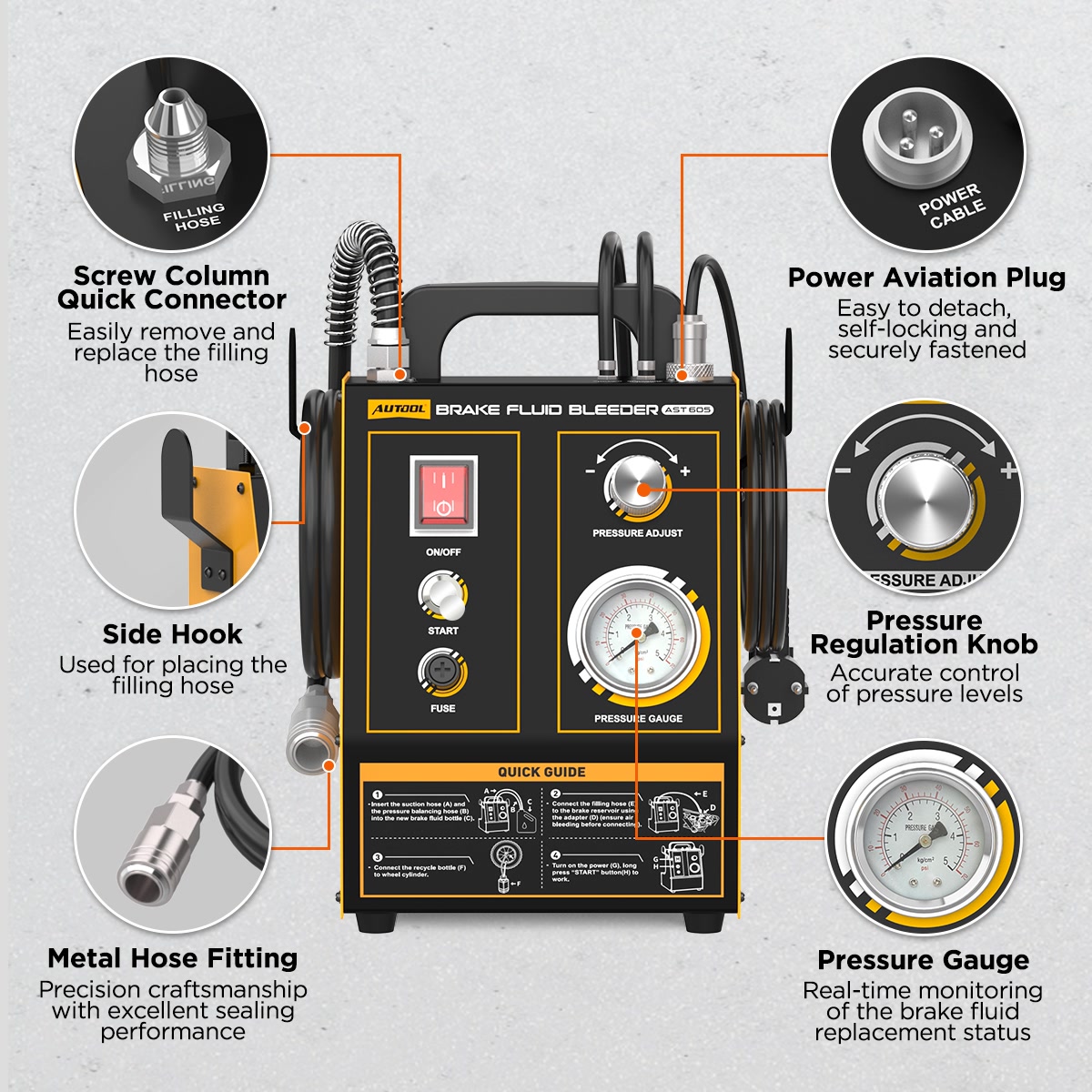 AUTOOL AST605 power, Start, fuse, pressure regulator, gauge and hose connection areas.