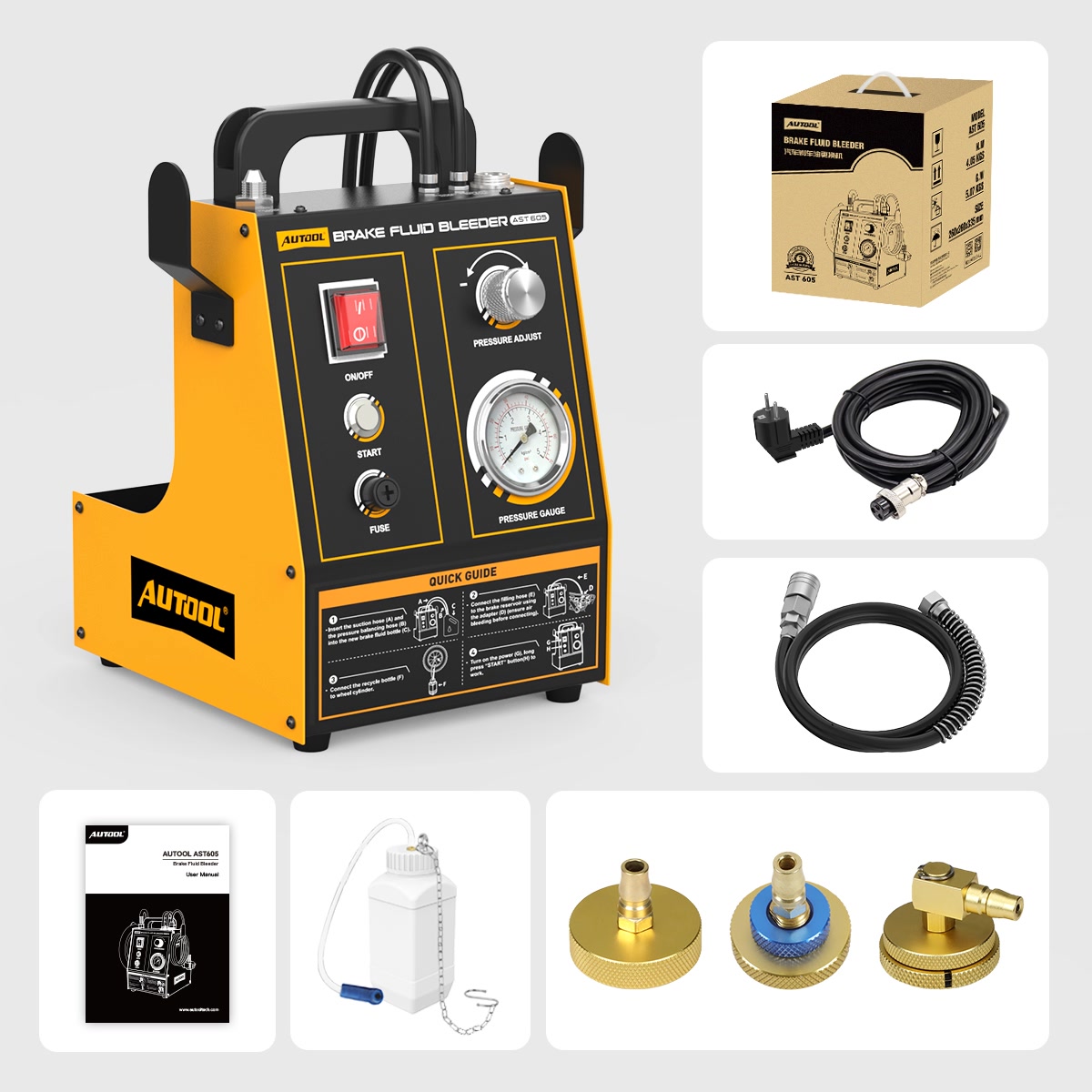AUTOOL AST605 machine, adapter examples, filling hose, external-supply and collection equipment.