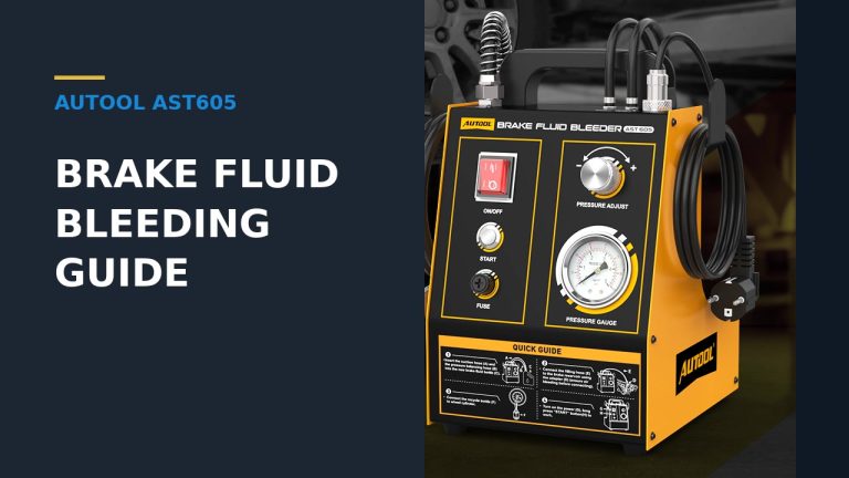 AUTOOL AST605 brake fluid bleeder beside a panel reading Brake Fluid Bleeding Guide.