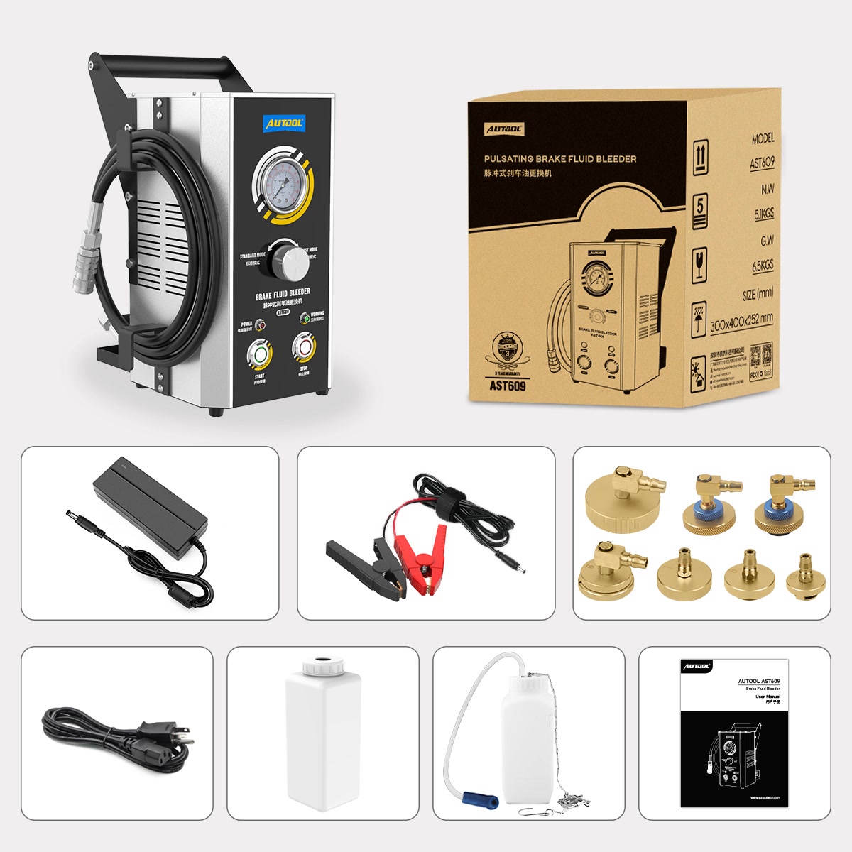 AUTOOL AST609 machine, box, power adapter, battery-clamp lead, mains lead, seven reservoir adapters, external bottle, used-fluid bottle, and manual.