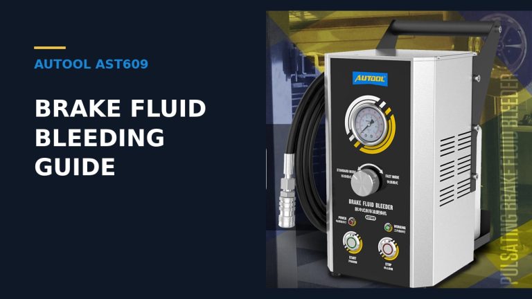 AUTOOL AST609 brake fluid bleeder beside the words Brake Fluid Bleeding Guide.
