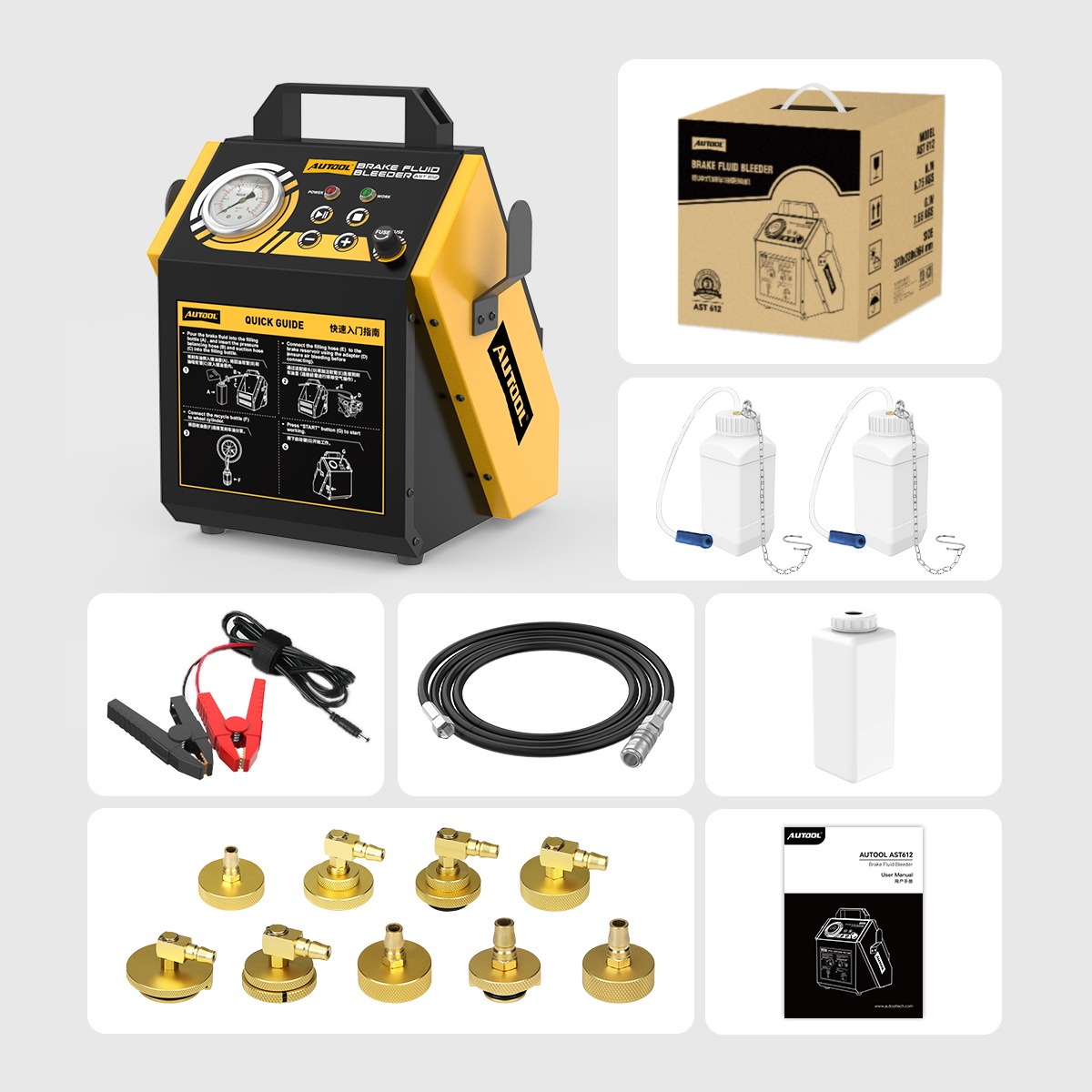 AUTOOL AST612 machine, carton, two recovery bottles, battery-clamp lead, output hose, new-fluid bottle, nine adapter profiles and manual.