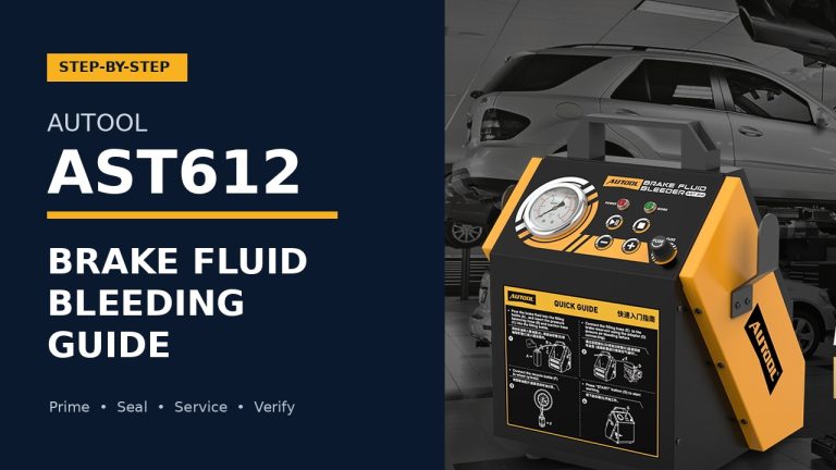AUTOOL AST612 brake fluid bleeder beside the words Brake Fluid Bleeding Guide.
