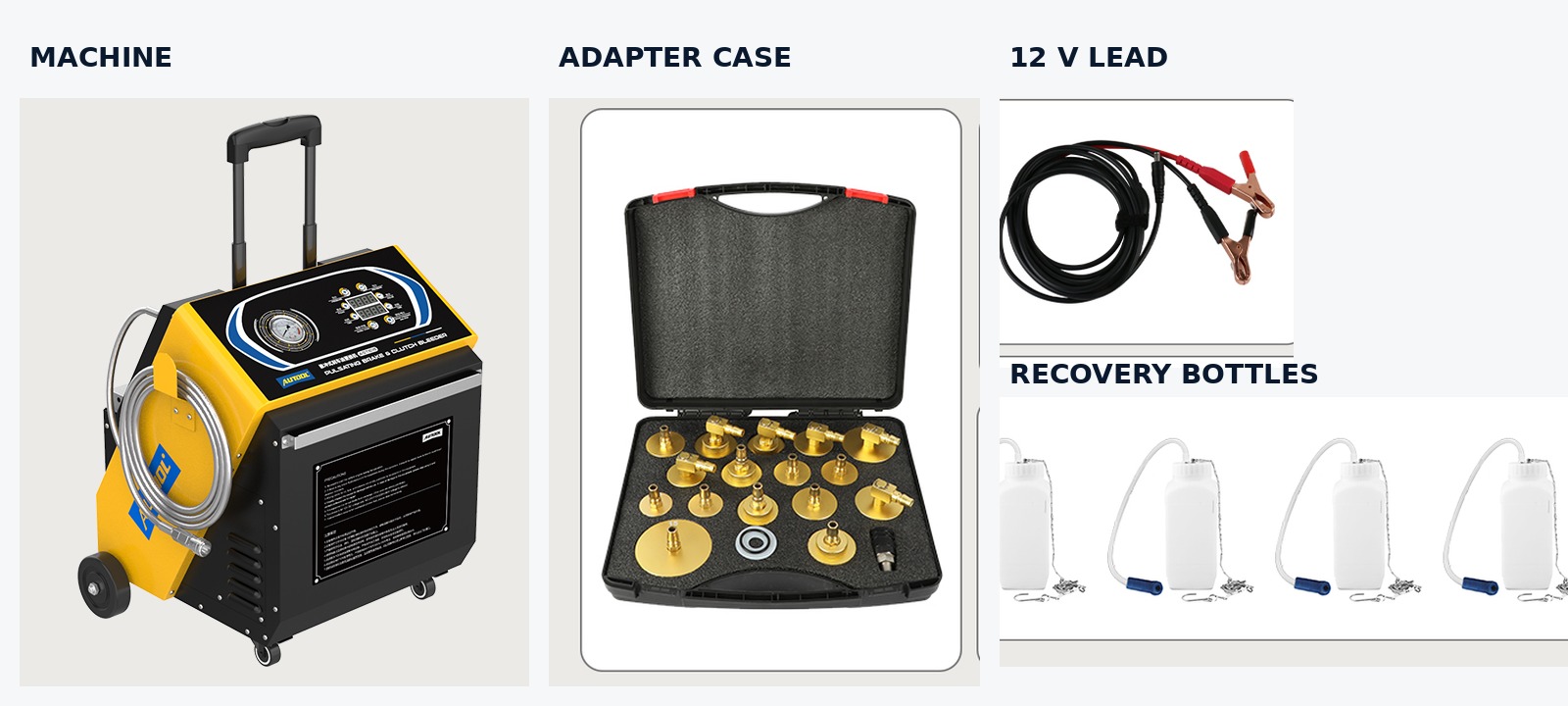 AUTOOL AST618 machine, adapter case, 12 V lead and four recovery bottles in a labelled packing composite.