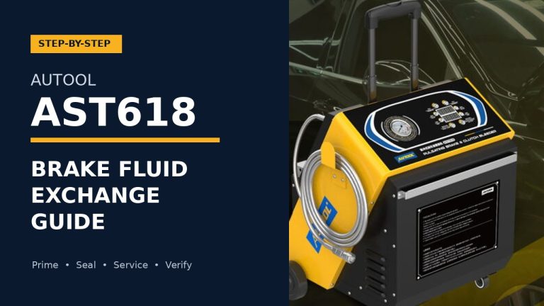 AUTOOL AST618 brake fluid exchanger beside the words Brake Fluid Exchange Guide.