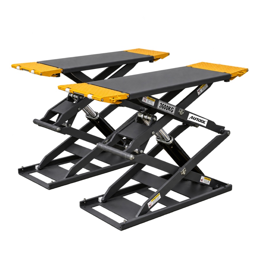 AUTOOL ATL-3.6SU with two short platforms, ramps, scissor frames, cylinders, bases, and a separate control unit
