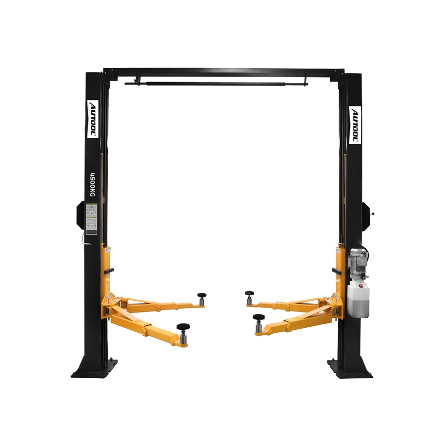 AUTOOL ATL-4.5D two-post lift with black posts and four yellow swing arms