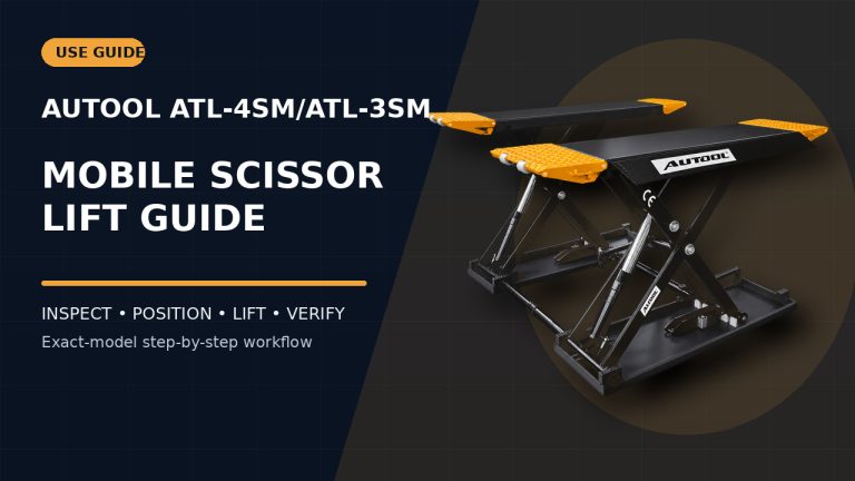 AUTOOL ATL-4SM/ATL-3SM mobile scissor lift beside a How to Use title.