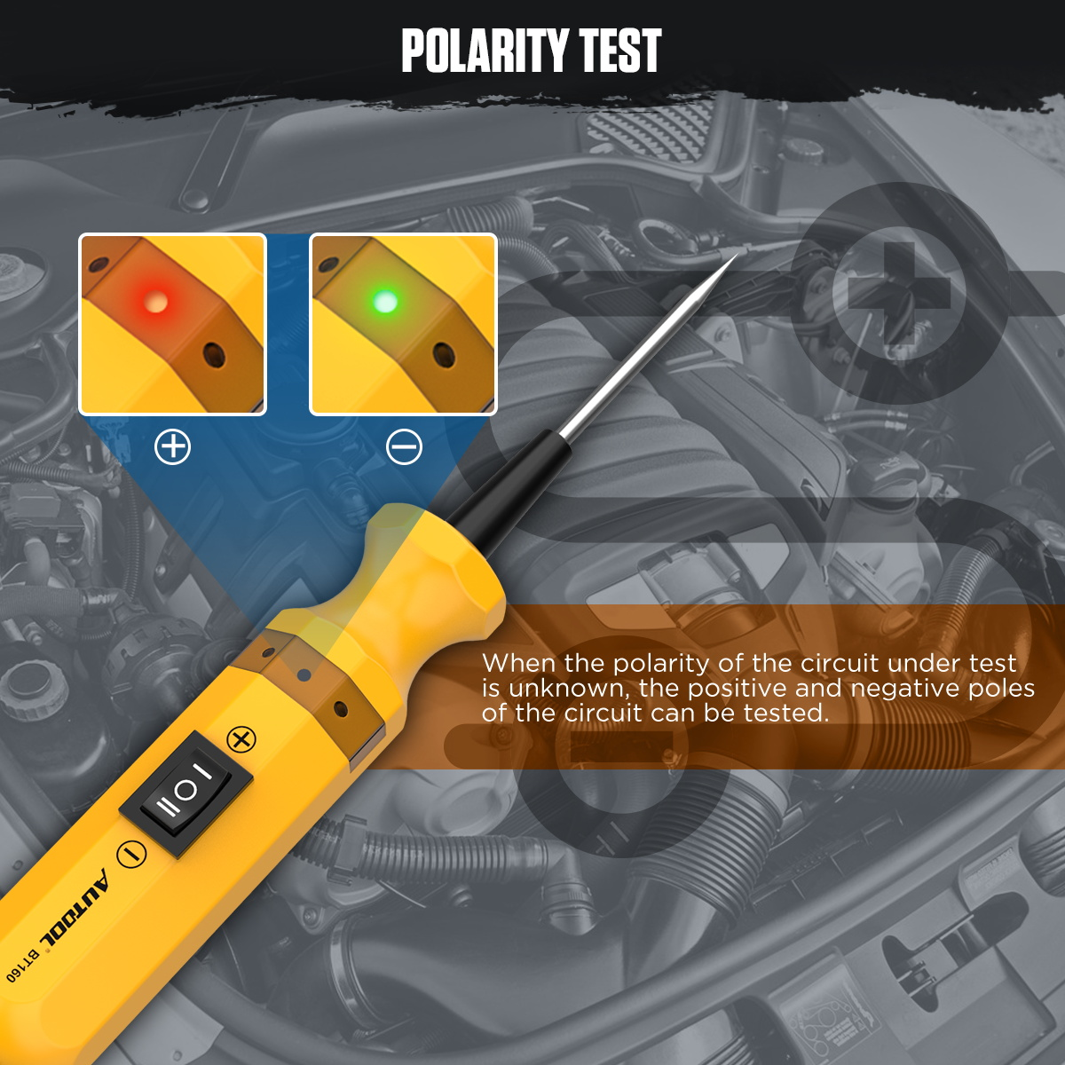 AUTOOL BT160 polarity test with red and green indicators.