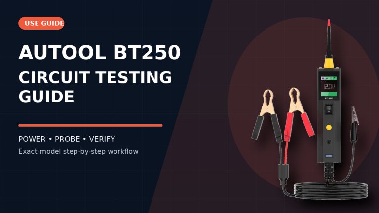 AUTOOL BT250 automotive circuit tester beside a How to Use title.