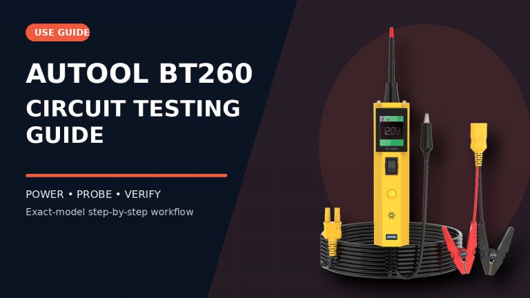AUTOOL BT260 automotive circuit tester beside a How to Use title.