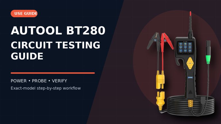 AUTOOL BT280 automotive circuit tester beside a How to Use title.