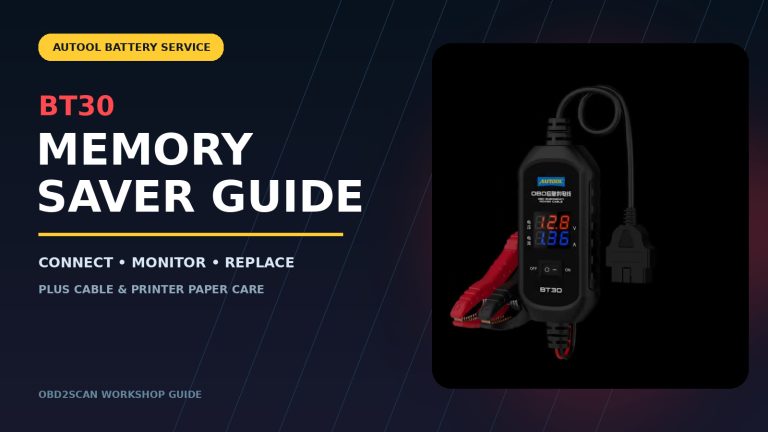 AUTOOL BT30 memory saver guide cover with the exact BT30 device and battery-service workflow title.