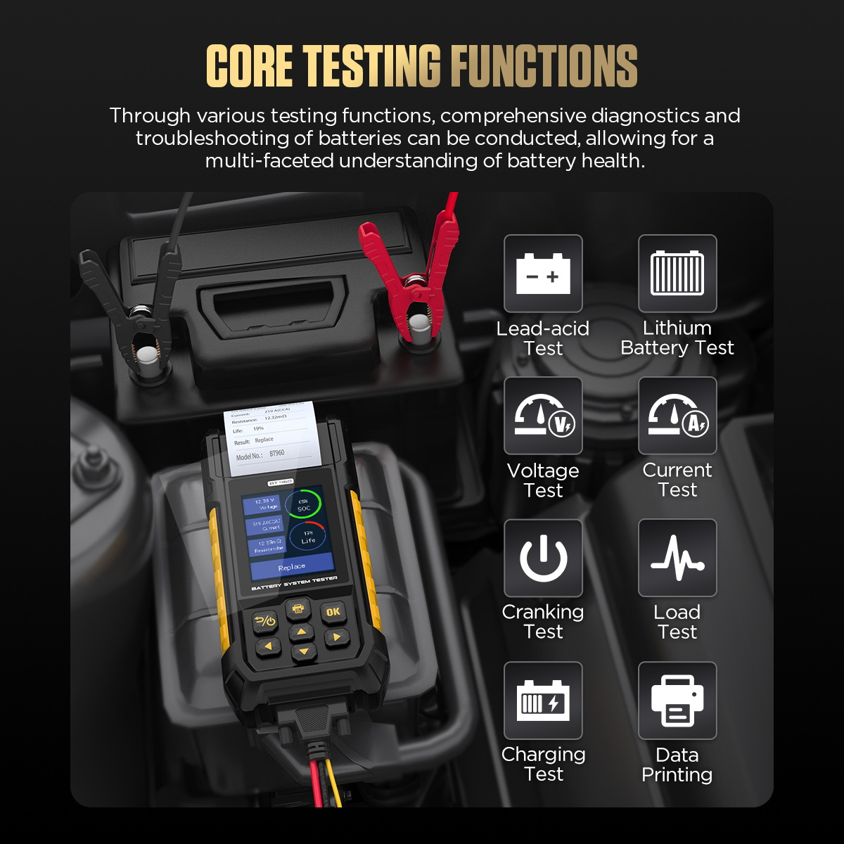 AUTOOL BT960 connected to a low-voltage vehicle battery with its core test functions shown.