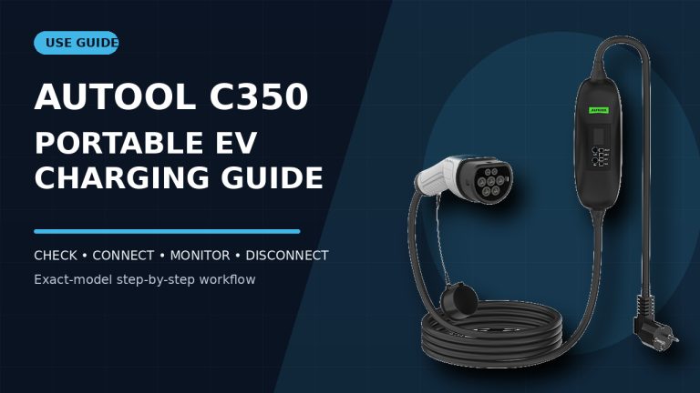 AUTOOL C350 portable ev charger beside a How to Use title.