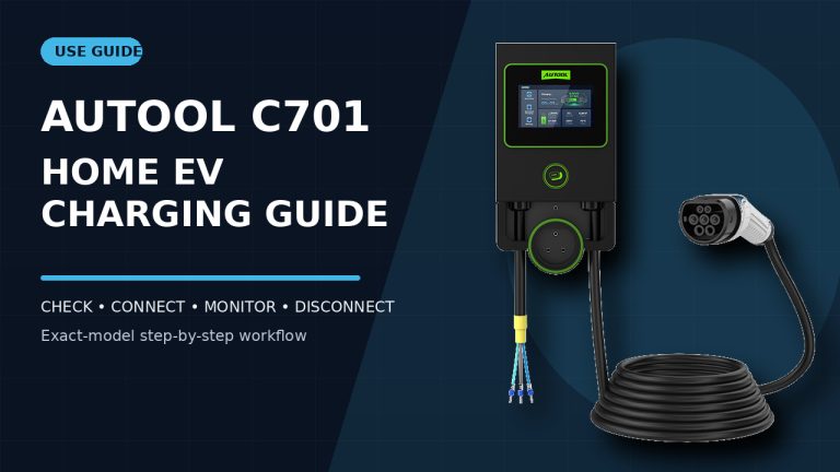 AUTOOL C701 home ev charging station beside a How to Use title.