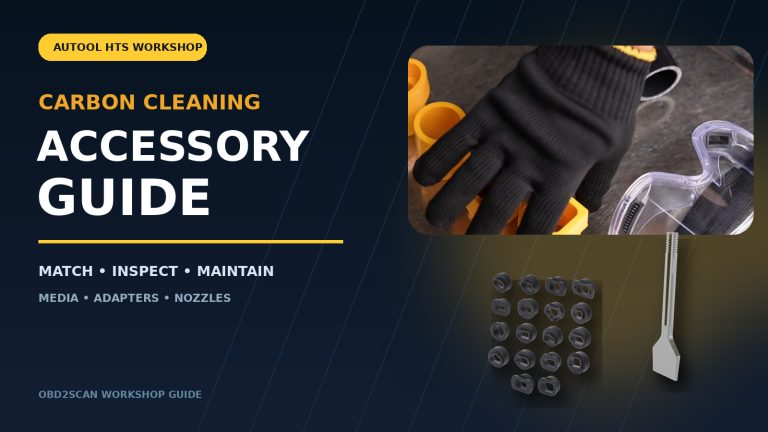 AUTOOL carbon-cleaning accessory guide with an adapter-selection scene, HTS558 adapter set and dry-ice nozzle.