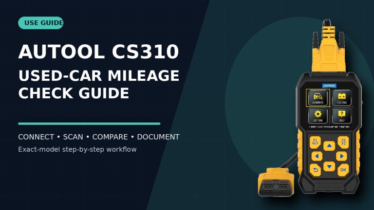 AUTOOL CS310 odometer scanner beside a How to Use title.