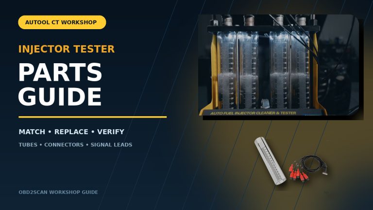 AUTOOL CT injector tester parts guide with measuring tubes and an injector connector harness.