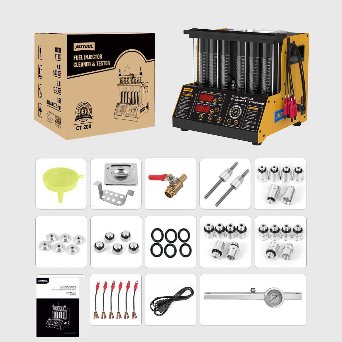 AUTOOL CT200 main unit, rail, adapters, plugs, seals and supplied accessories.