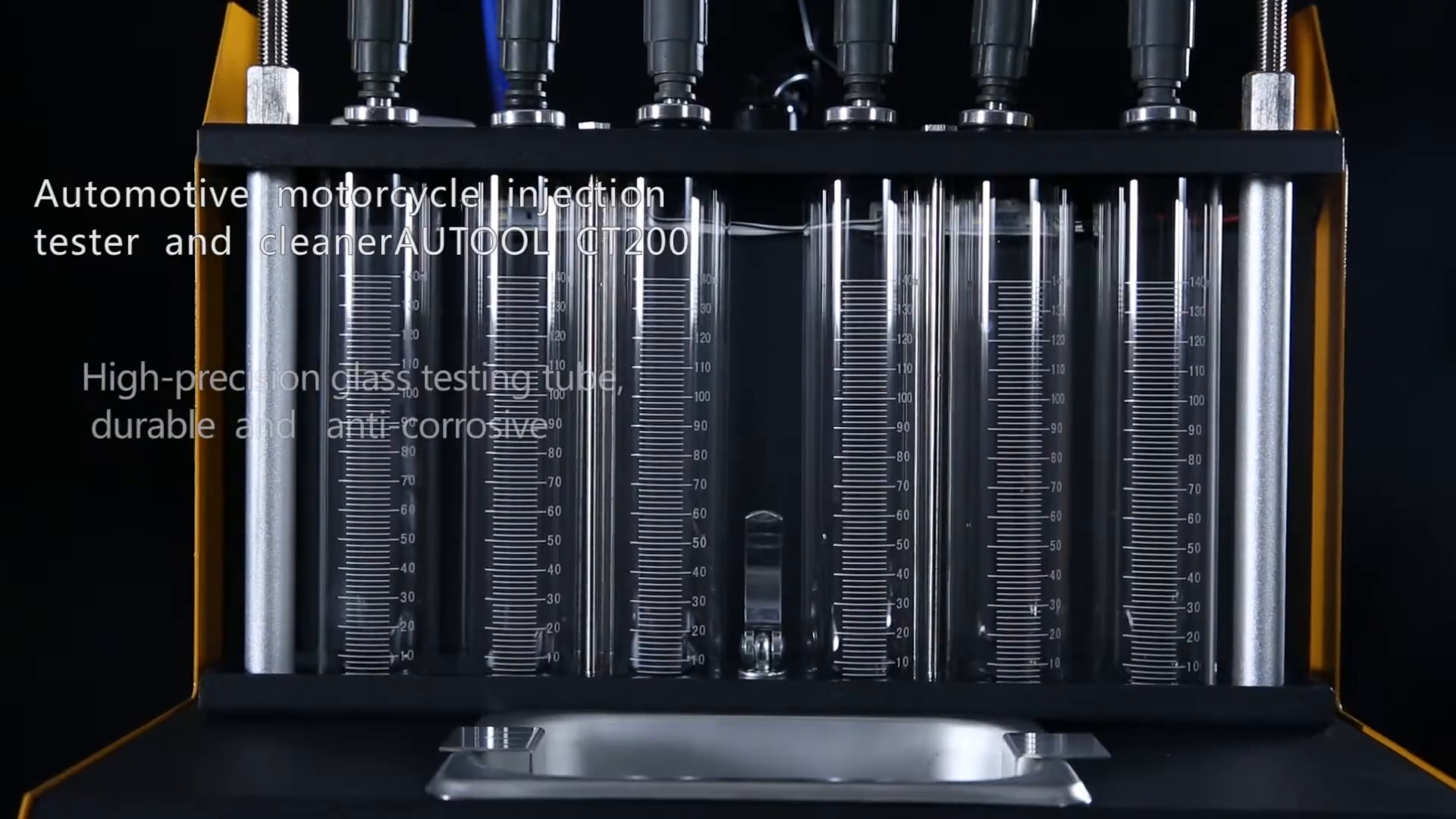 Front view of the AUTOOL CT200 rack with six graduated measuring tubes.
