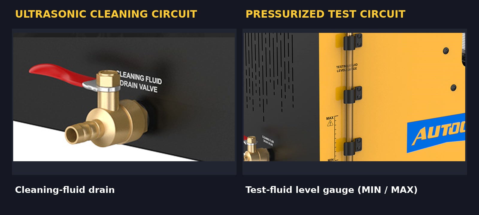 Current AUTOOL CT200 components showing the ultrasonic-cleaning circuit separately from the pressurized test-fluid circuit.