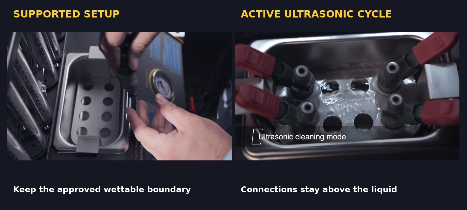 Compatible injectors supported in the AUTOOL CT200 bracket beside an active ultrasonic-cleaning view.