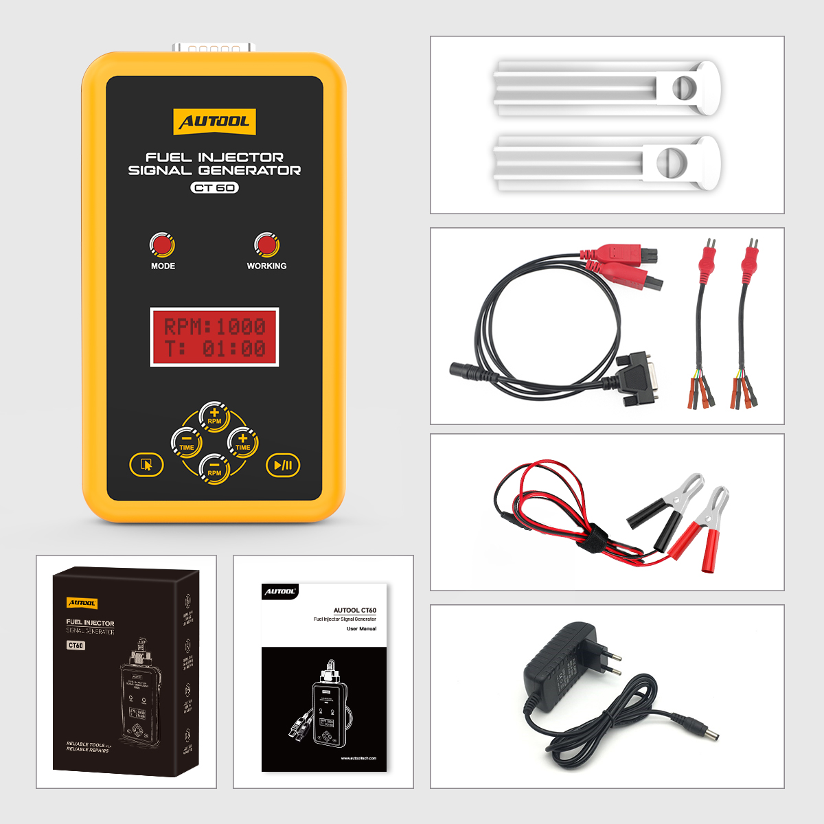 AUTOOL CT60 main unit with its cable adapter and connector families arranged in a packing list
