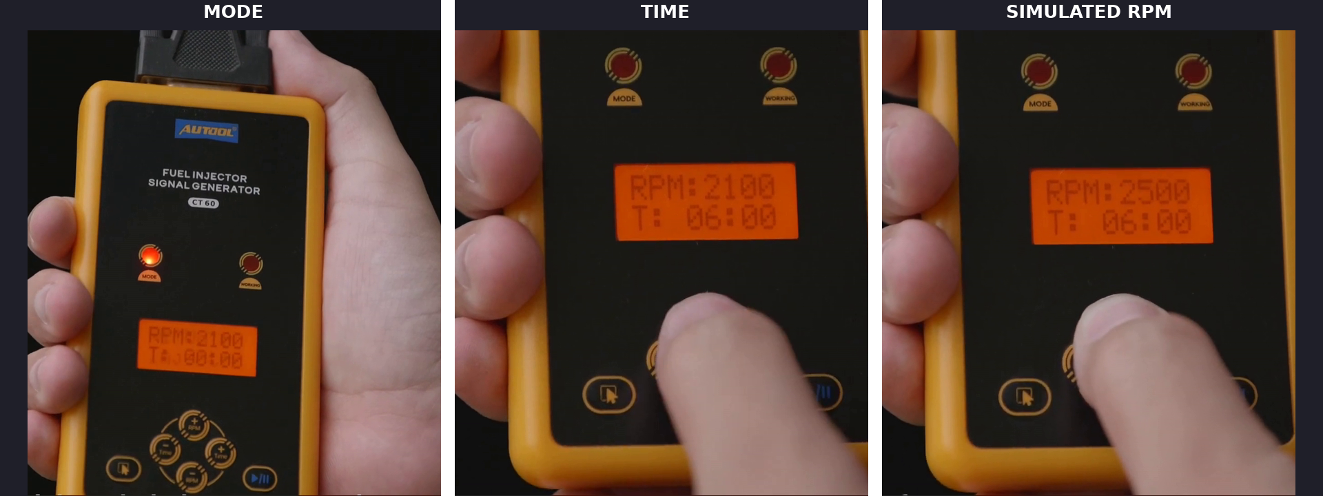 Three AUTOOL CT60 panel views for selecting injector mode working time and simulated RPM