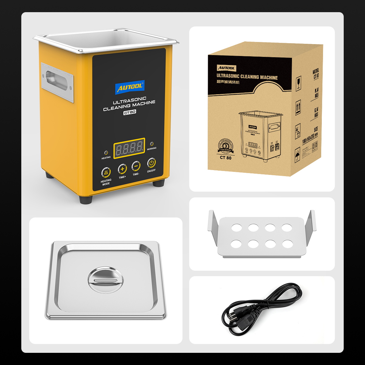 AUTOOL CT80 main unit with its perforated cleaning stand, lid, cord and box.