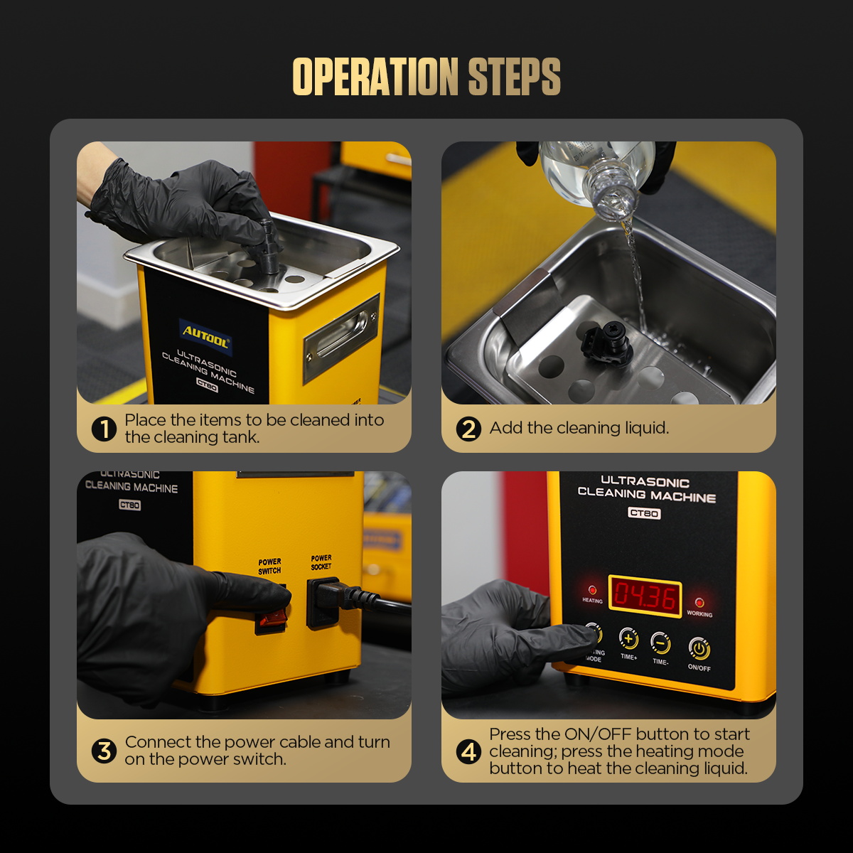 AUTOOL CT80 sequence showing a compatible item on the stand, cleaning liquid being added and the controls being started.