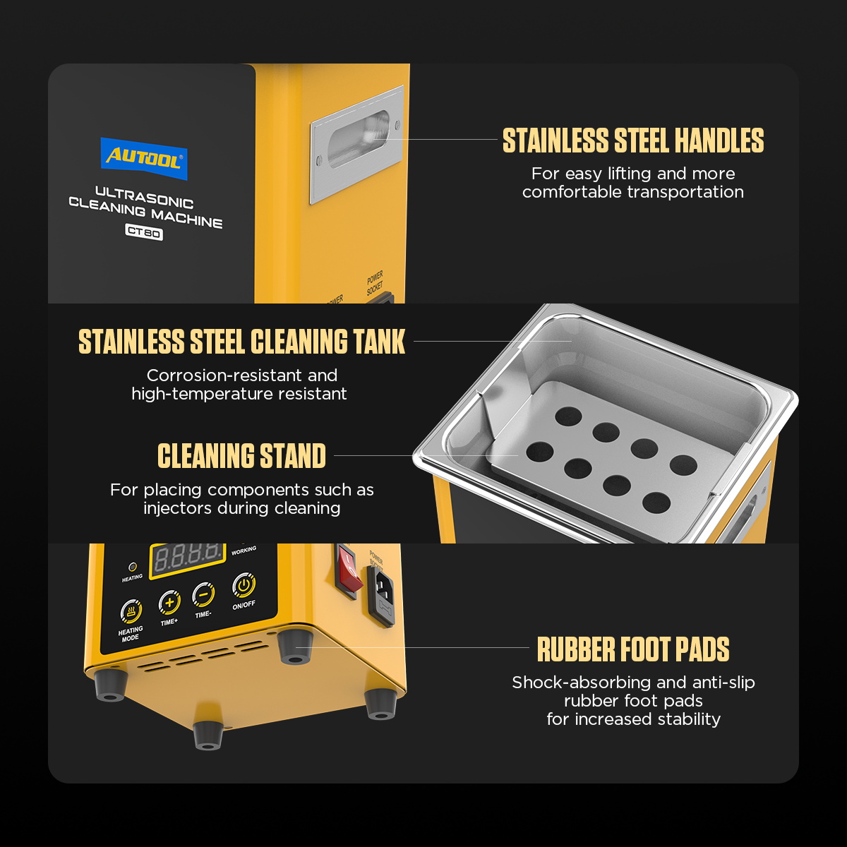 AUTOOL CT80 tank, perforated cleaning stand, handles, side power switch and front controls.
