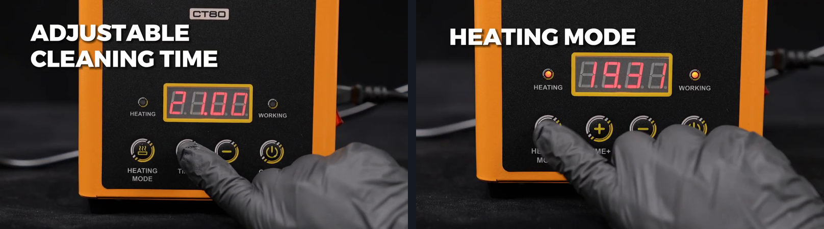 Two AUTOOL CT80 panel views showing time adjustment and the optional Heating Mode control.