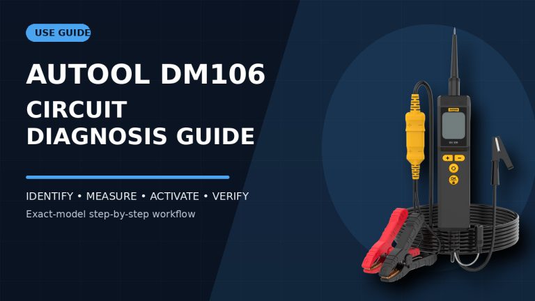 AUTOOL DM106 automotive circuit analyzer beside a How to Use title.