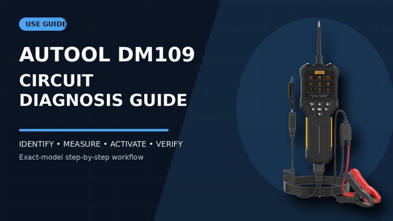 AUTOOL DM109 automotive circuit analyzer beside a How to Use title.