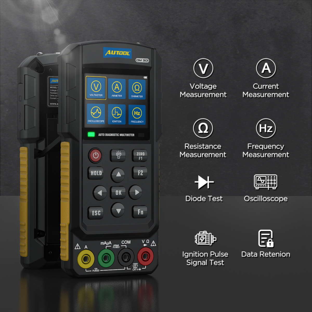 AUTOOL DM301 voltage current resistance frequency and oscilloscope functions.