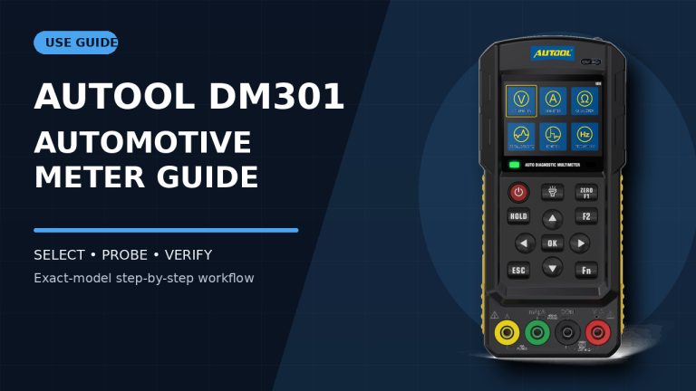 AUTOOL DM301 automotive diagnostic multimeter beside a How to Use title.