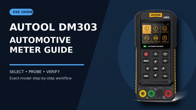 AUTOOL DM303 automotive diagnostic multimeter beside a How to Use title.