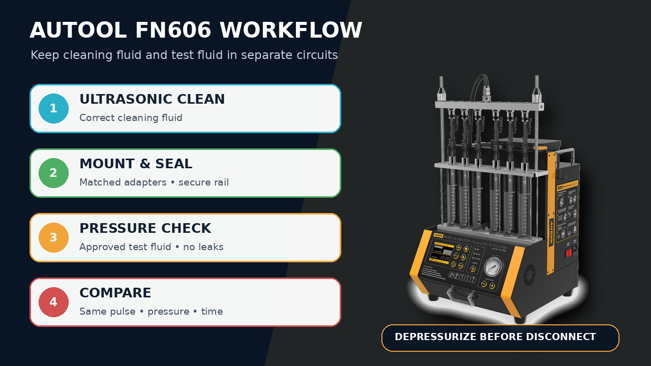 AUTOOL FN606 beside four workflow stages: ultrasonic clean, mount and seal, pressure check, and compare injectors.