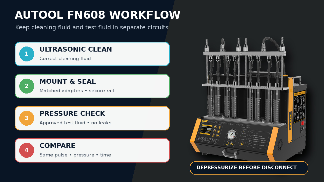 AUTOOL FN608 beside four workflow stages: ultrasonic clean, mount and seal, pressure check, and compare injectors.