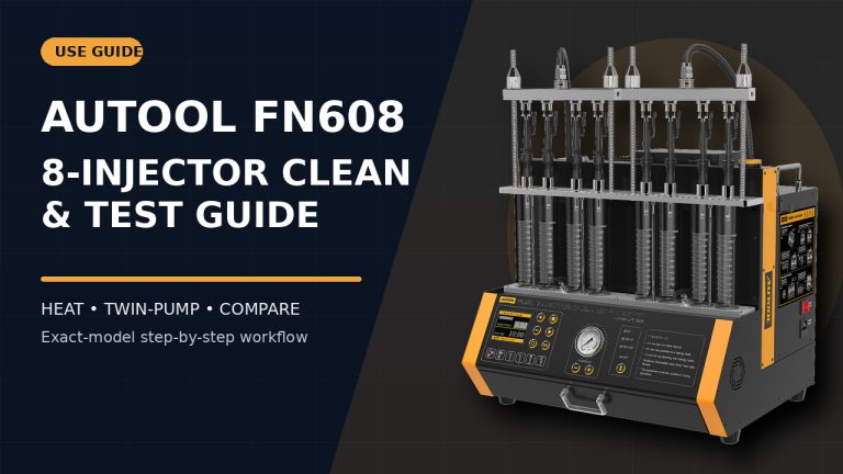 AUTOOL FN608 fuel injector cleaner and tester beside a How to Use title.
