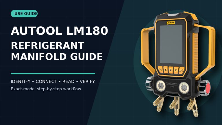 AUTOOL LM180 digital refrigerant manifold gauge beside a How to Use title.