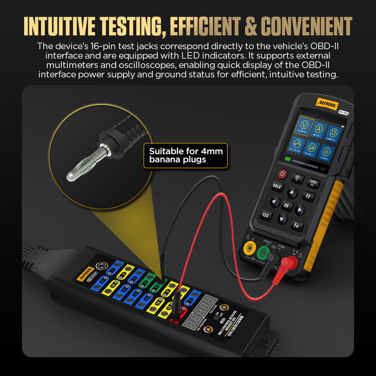 AUTOOL OBD2 Breakout Box Premium Version connected to a multimeter through identified 4mm jacks.