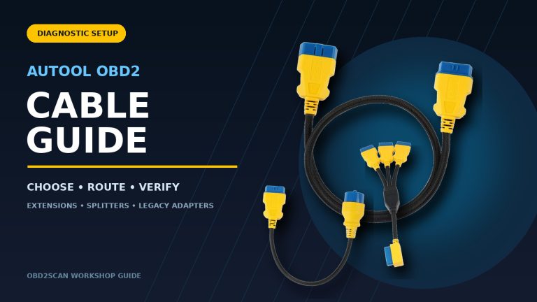 AUTOOL OBD2 cable guide cover with straight extension splitter and legacy adapter cables.