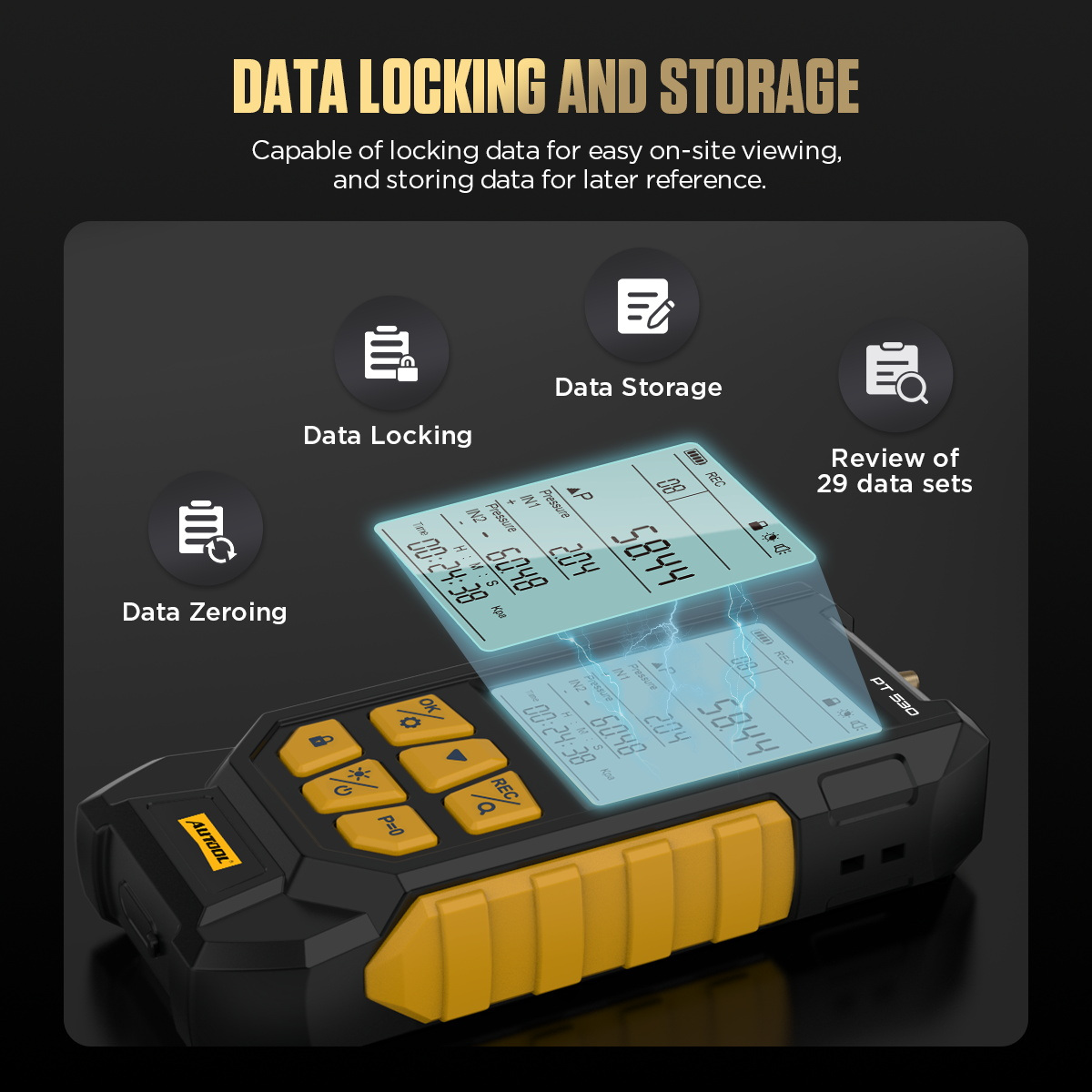 AUTOOL PT530 data locking and storage controls.