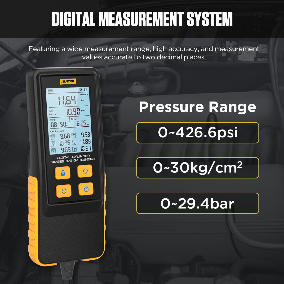 AUTOOL PT610 digital measurement display and pressure range.