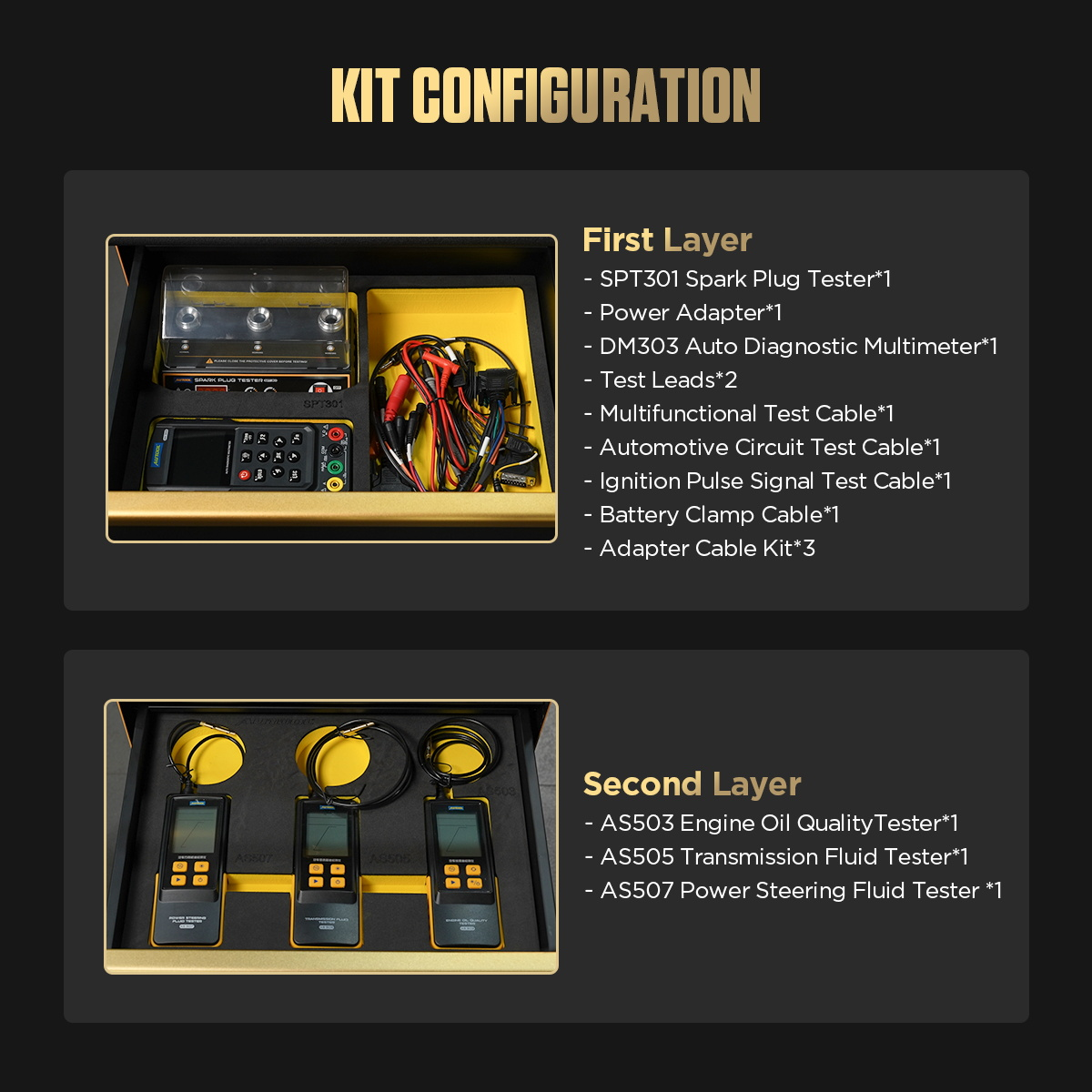 AUTOOL S1 tool-cart layer diagram with supplied testers, leads, gauges and inspection equipment organized by drawer.